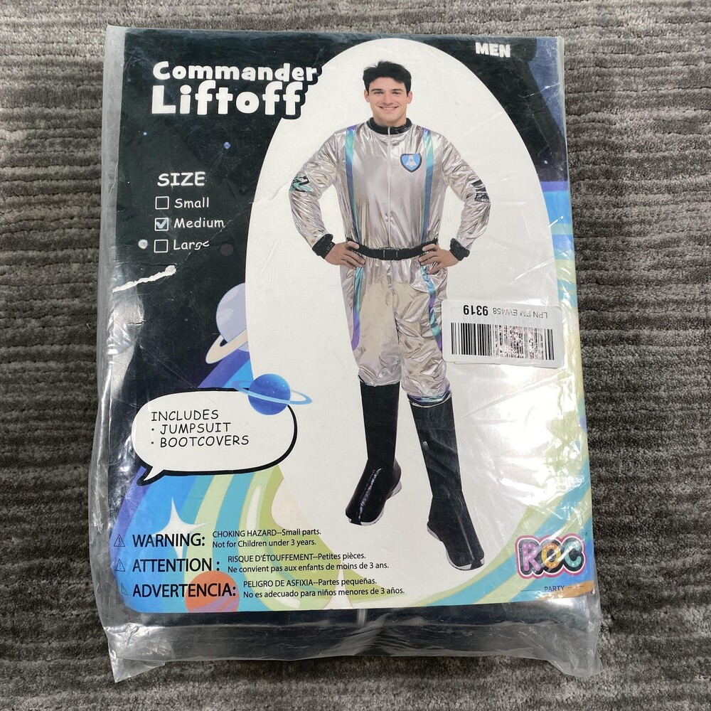 ROC Commander Liftoff Costume Mens Medium Silver Jumpsuit Halloween Bootcovers